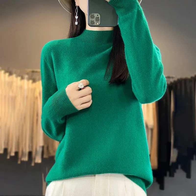 Wool Sweater Women's Loose Half Turtleneck Pullover Spring and Autumn Basic Style Simple Bottoming Top