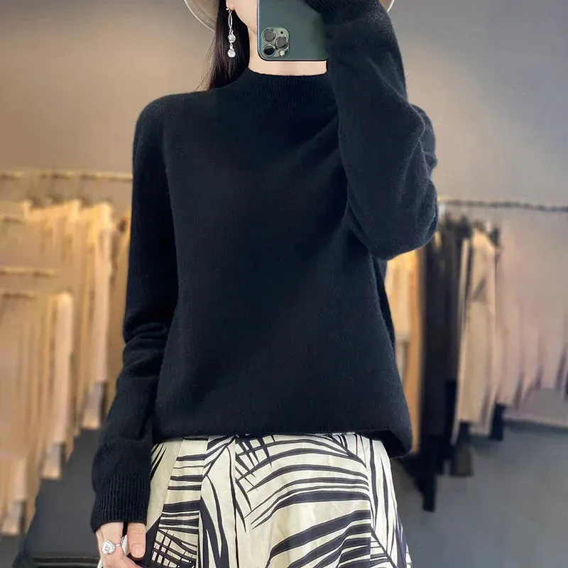 Wool Sweater Women's Loose Half Turtleneck Pullover Spring and Autumn Basic Style Simple Bottoming Top