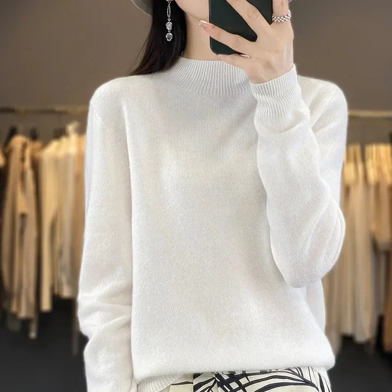 Wool Sweater Women's Loose Half Turtleneck Pullover Spring and Autumn Basic Style Simple Bottoming Top