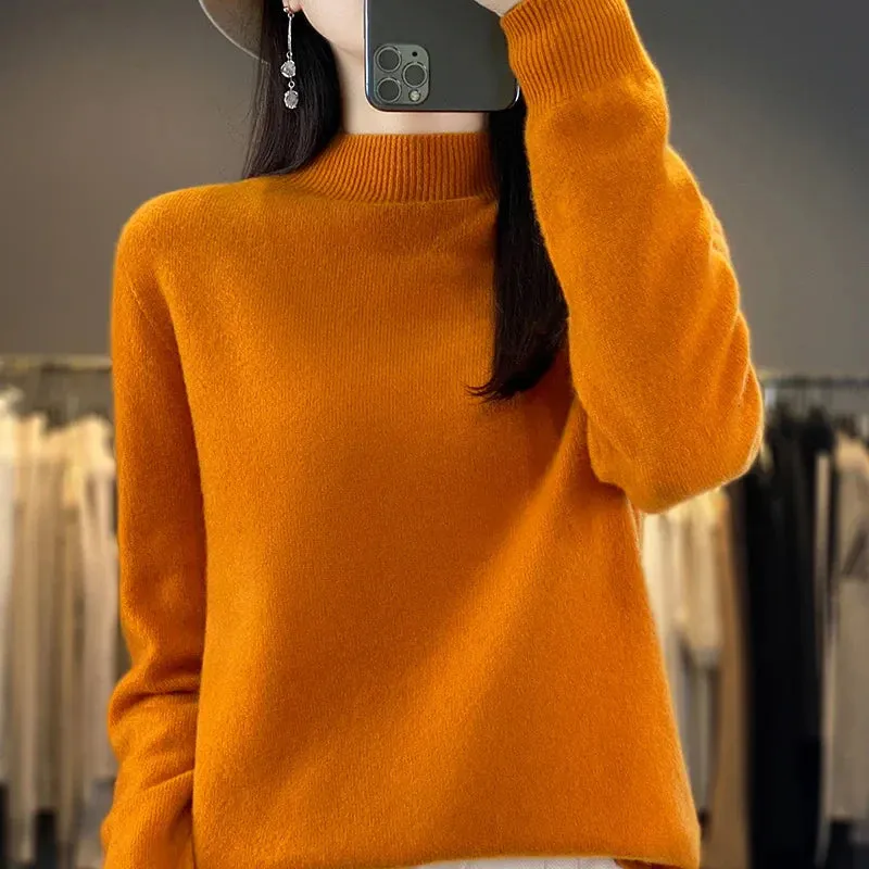 Wool Sweater Women's Loose Half Turtleneck Pullover Spring and Autumn Basic Style Simple Bottoming Top