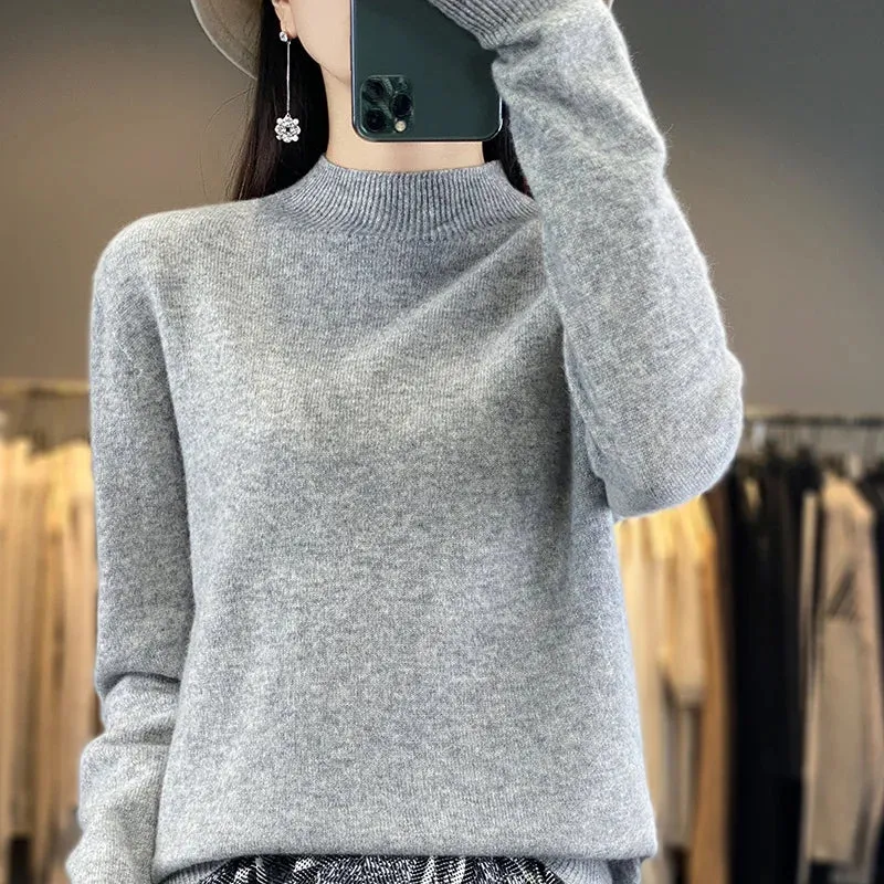 Wool Sweater Women's Loose Half Turtleneck Pullover Spring and Autumn Basic Style Simple Bottoming Top