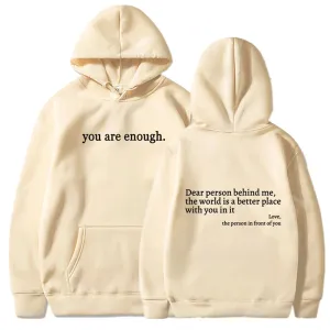 You are Enough Hoodie, Dear Person Behind Me Hoodie for Women Sweatshirts Casual Letter Print Sleeve Pullover Gift (Beige,S)