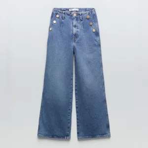 ZARA Z1975 Cropped Wide-Leg High Rise Jeans with Golden Buttons in Ecru Sz 2 NWT
