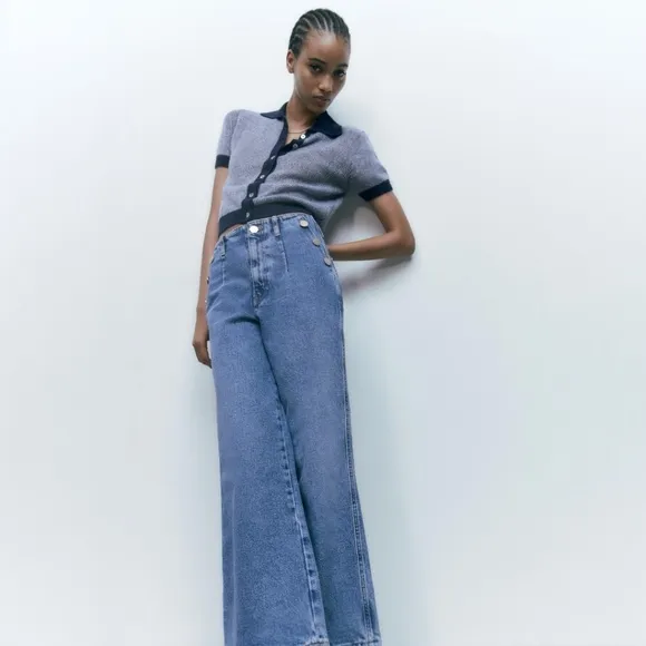 ZARA Z1975 Cropped Wide-Leg High Rise Jeans with Golden Buttons in Ecru Sz 2 NWT