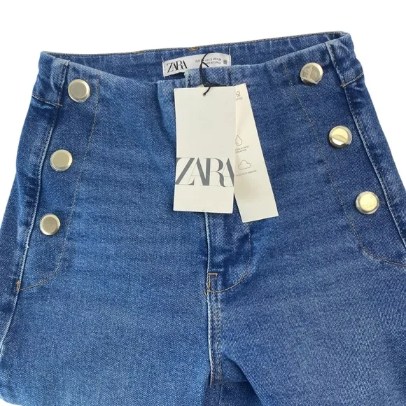 ZARA Z1975 Cropped Wide-Leg High Rise Jeans with Golden Buttons in Ecru Sz 2 NWT