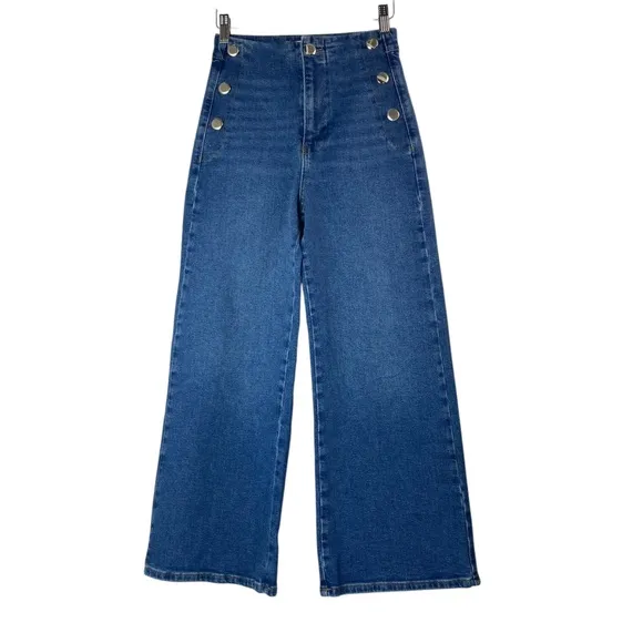 ZARA Z1975 Cropped Wide-Leg High Rise Jeans with Golden Buttons in Ecru Sz 2 NWT