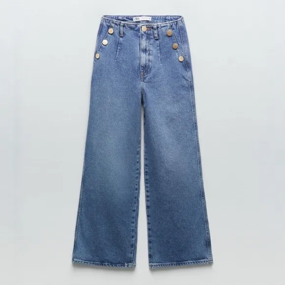 ZARA Z1975 Cropped Wide-Leg High Rise Jeans with Golden Buttons in Ecru Sz 2 NWT